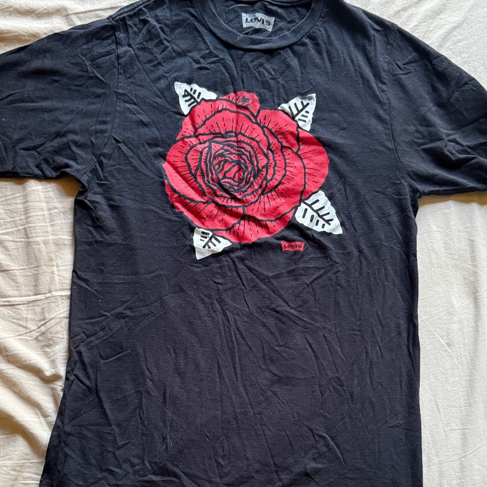 Levi's Black Tee with Red Rose Graphic
